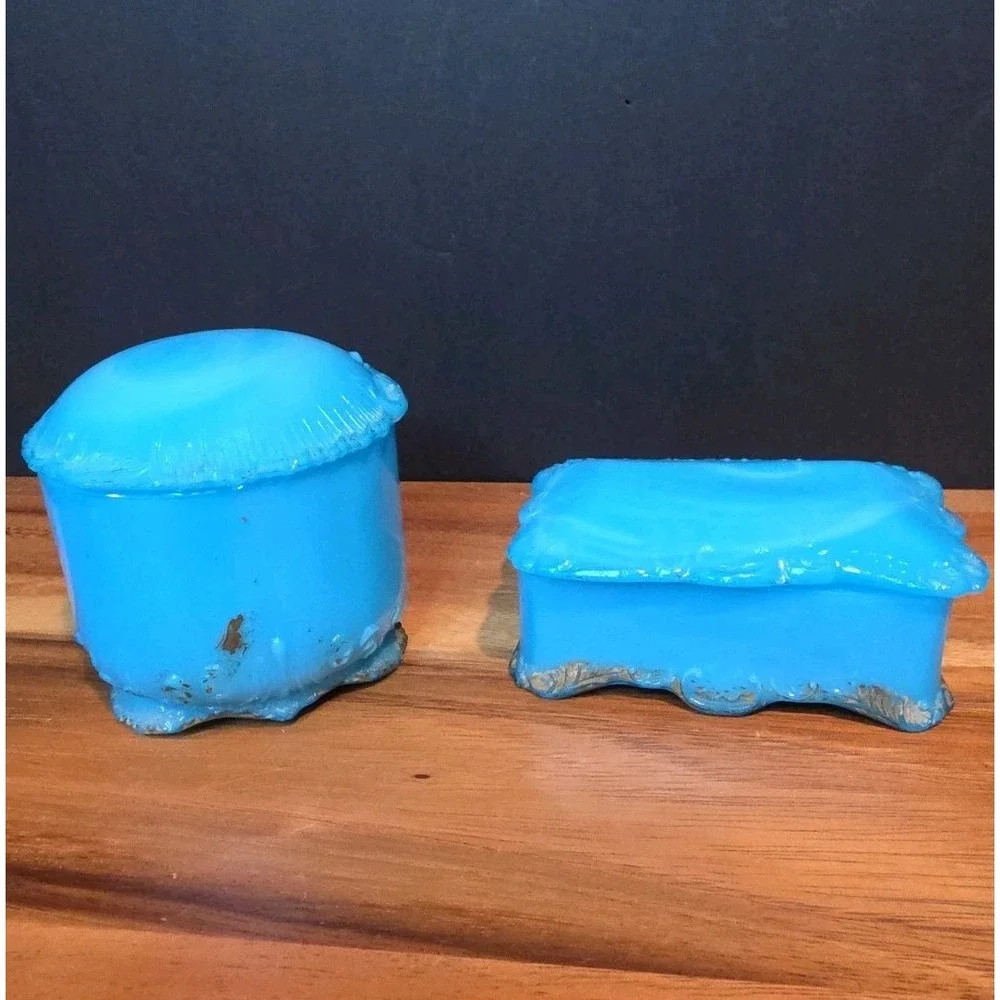 2 Antique blue slag milk glass EAPG Raised Edge Aqua Jewlery Trinket Boxes